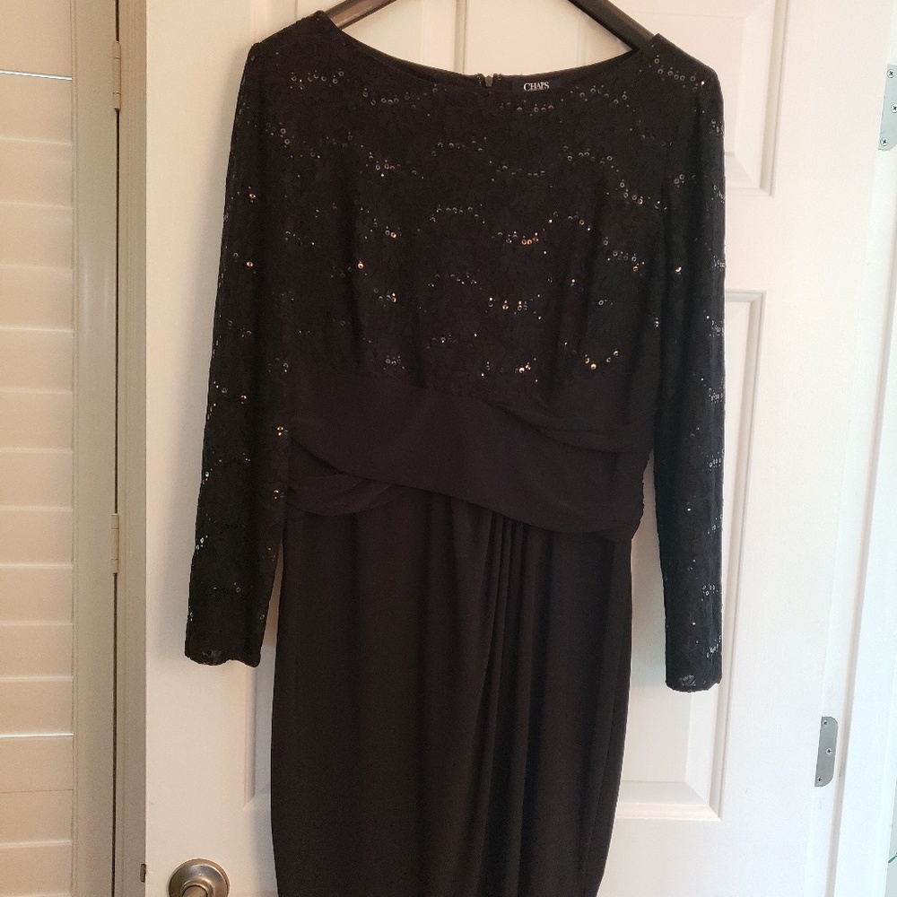 Chaps Black Evening / Cocktail  Dress Sz 16, Sequined Top and Sleeves Polyester